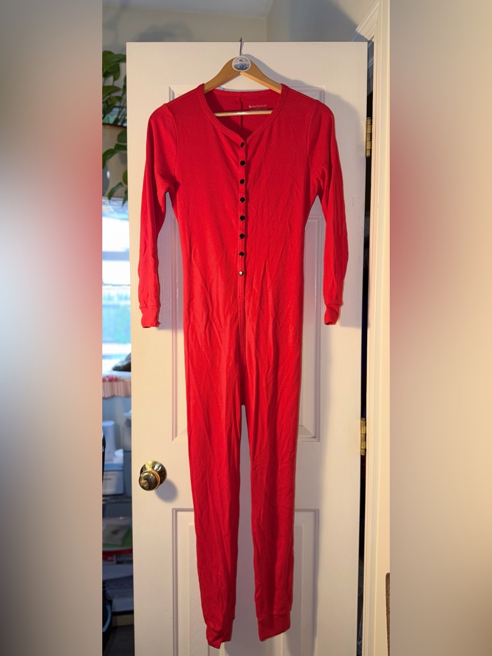 COLORFULLEAF Red Union Suit Onesie Pajamas Butt Flap Thermal Long Johns S